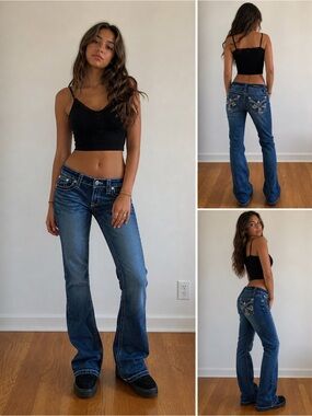 Women's Dark Blue Boot Cut Jeans with Embroidered Back Pockets